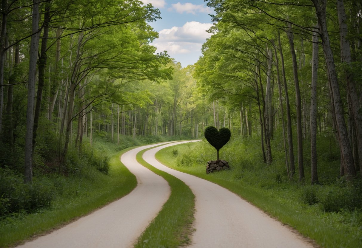 A winding path through a forest, with a heart-shaped tree at the end
