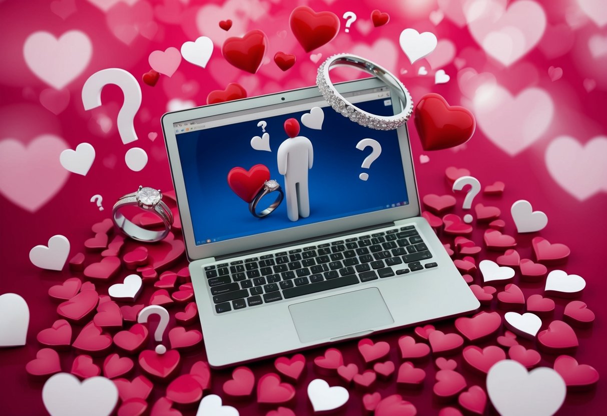A laptop surrounded by hearts and question marks, with a wedding ring and broken heart symbolizing the potential outcomes of online dating