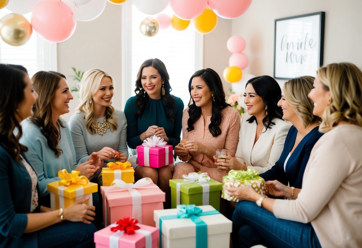 A group of women gathering for a bridal shower, with gifts and decorations suggesting a festive atmosphere