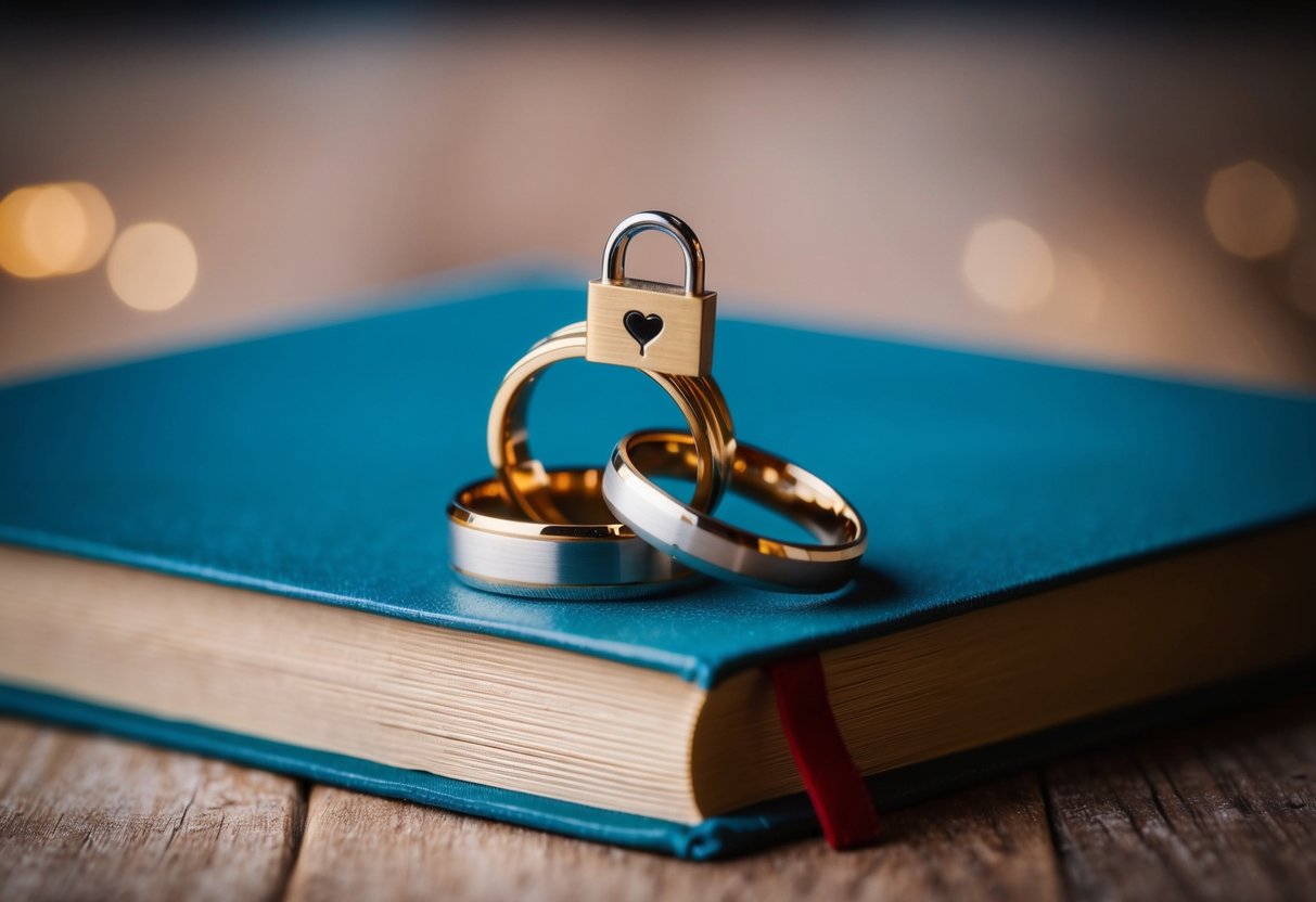 Two wedding rings intertwined on a book with a heart-shaped lock
