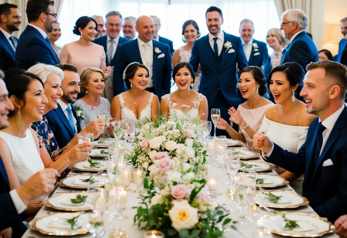 Guests eagerly gather around a beautifully decorated table, adorned with elegant place settings and delicate floral arrangements. A sense of excitement fills the air as friends and family come together to celebrate the bride-to-be