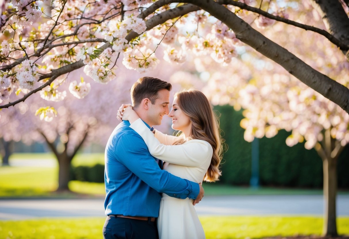 A couple embracing under a blooming tree