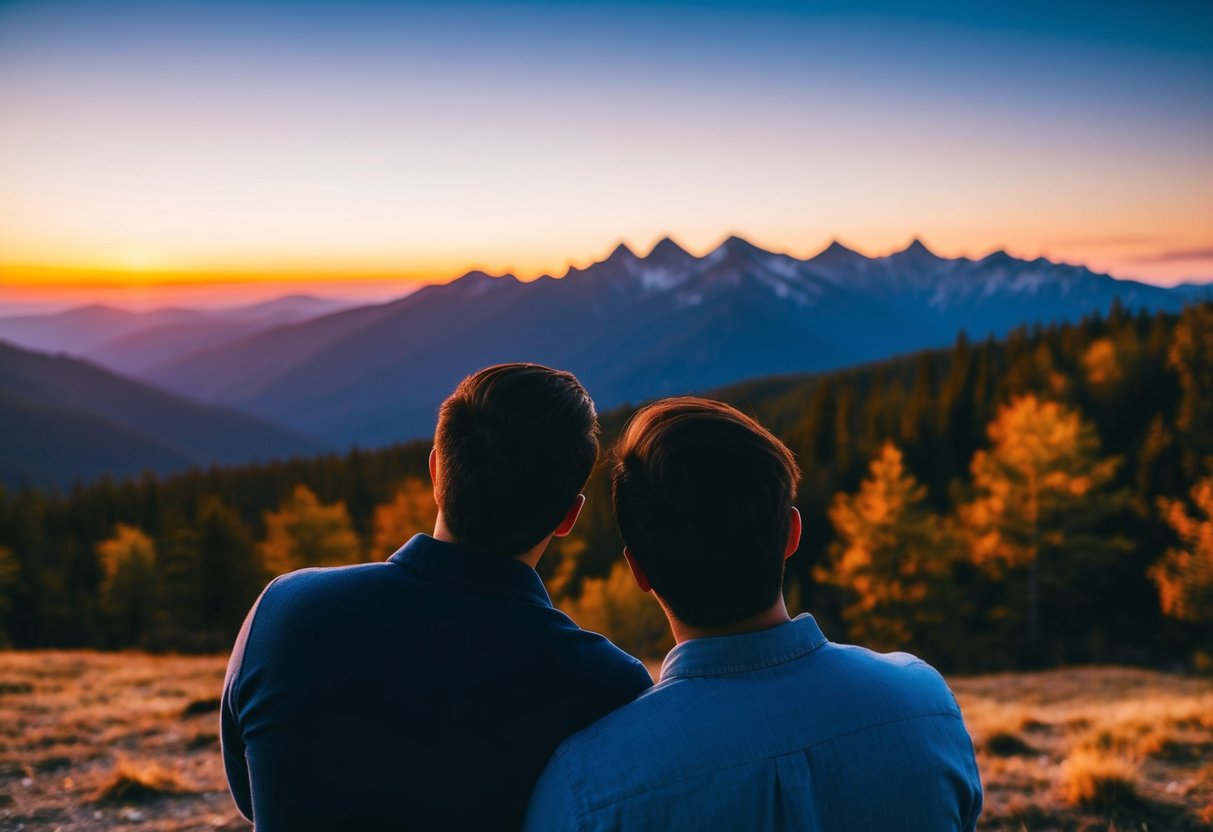 A couple watches a sunset over a mountain range