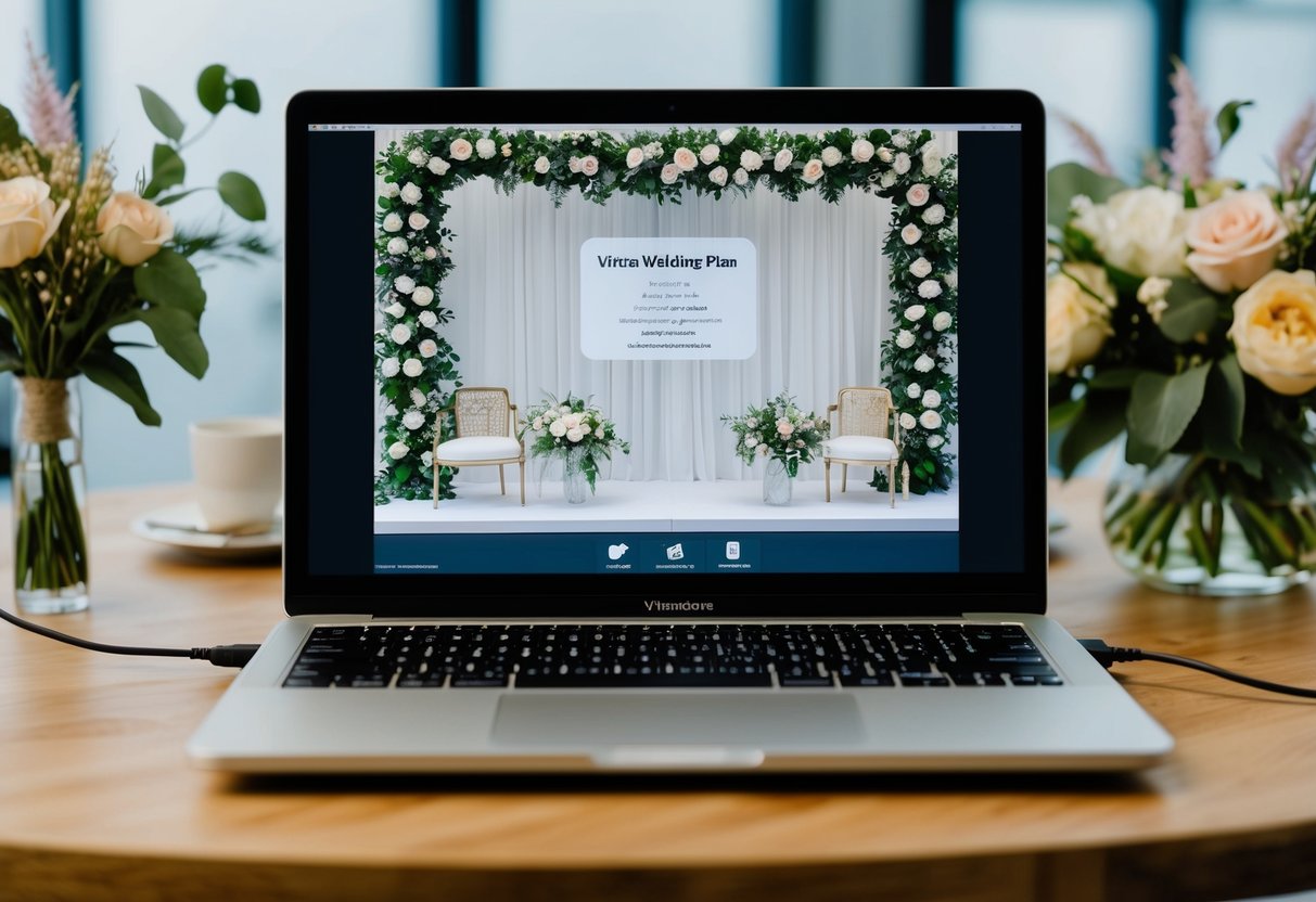 A laptop displaying a virtual wedding setup with floral arrangements, seating plan, and video streaming equipment