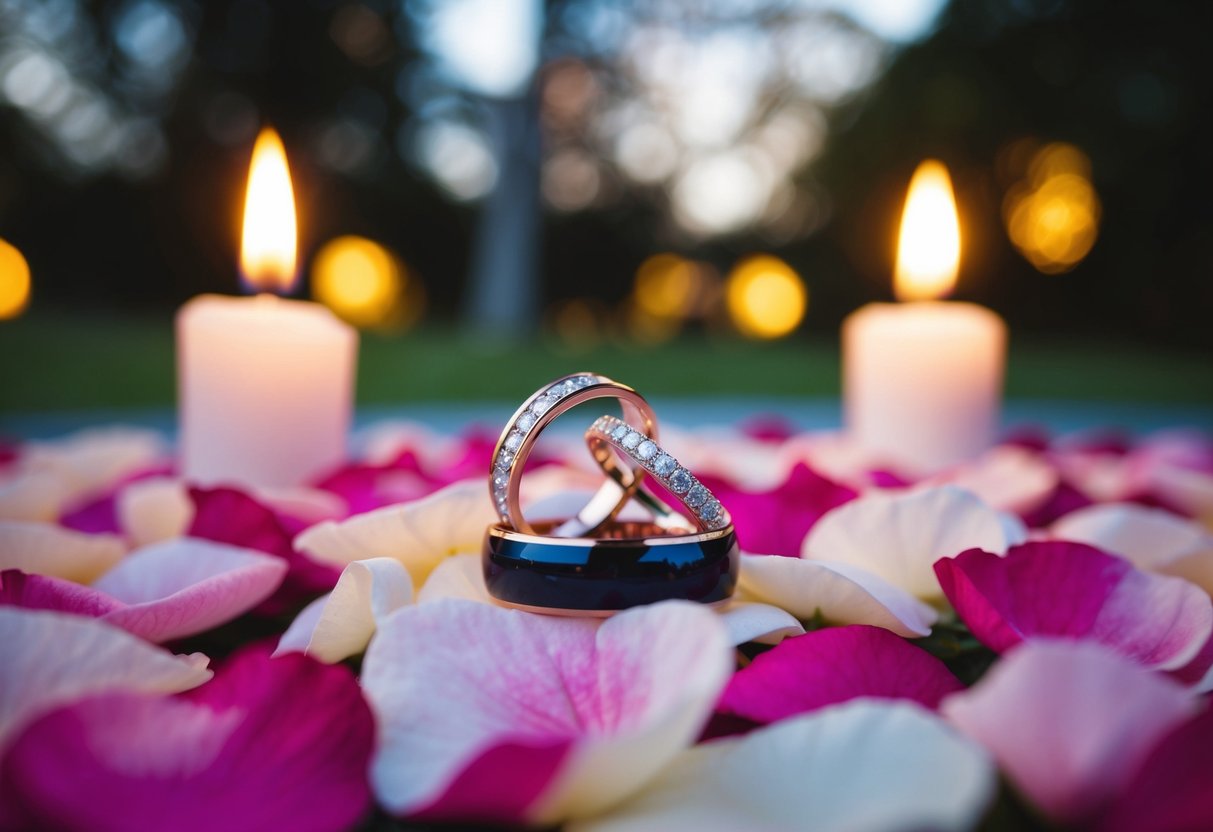 A pair of wedding rings placed on a bed of rose petals, with soft candlelight illuminating the scene