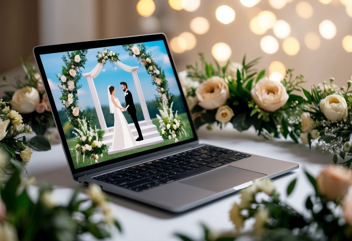 A laptop with a virtual wedding setup, surrounded by flowers and decorations. A bride and groom avatars stand on a digital altar