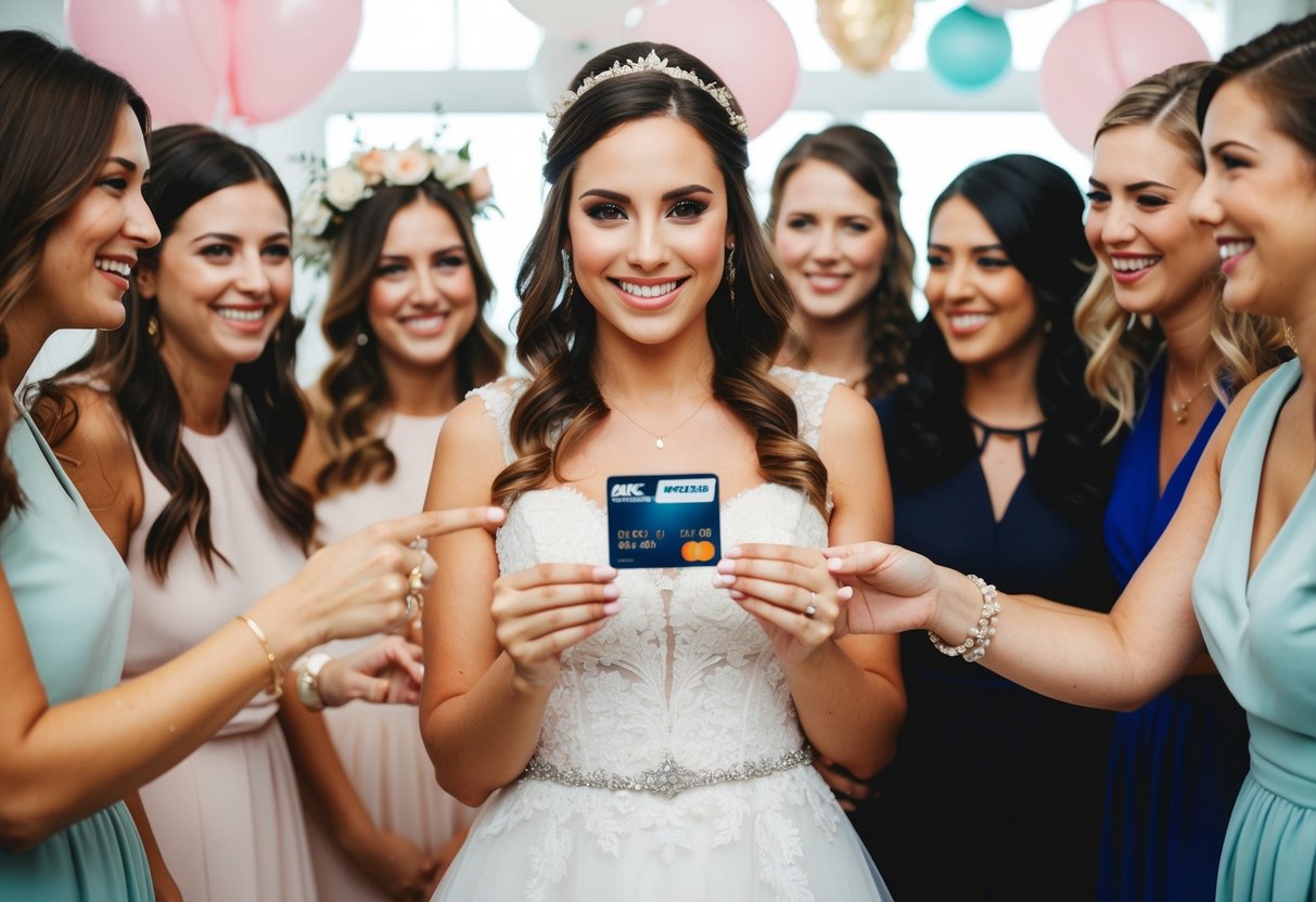 A bride holding a credit card while surrounded by friends at a bridal shower