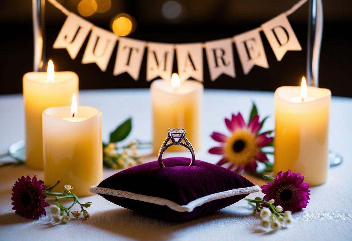 A ring placed on a velvet pillow, surrounded by flowers and candles, with a banner reading "Just Married" hanging above