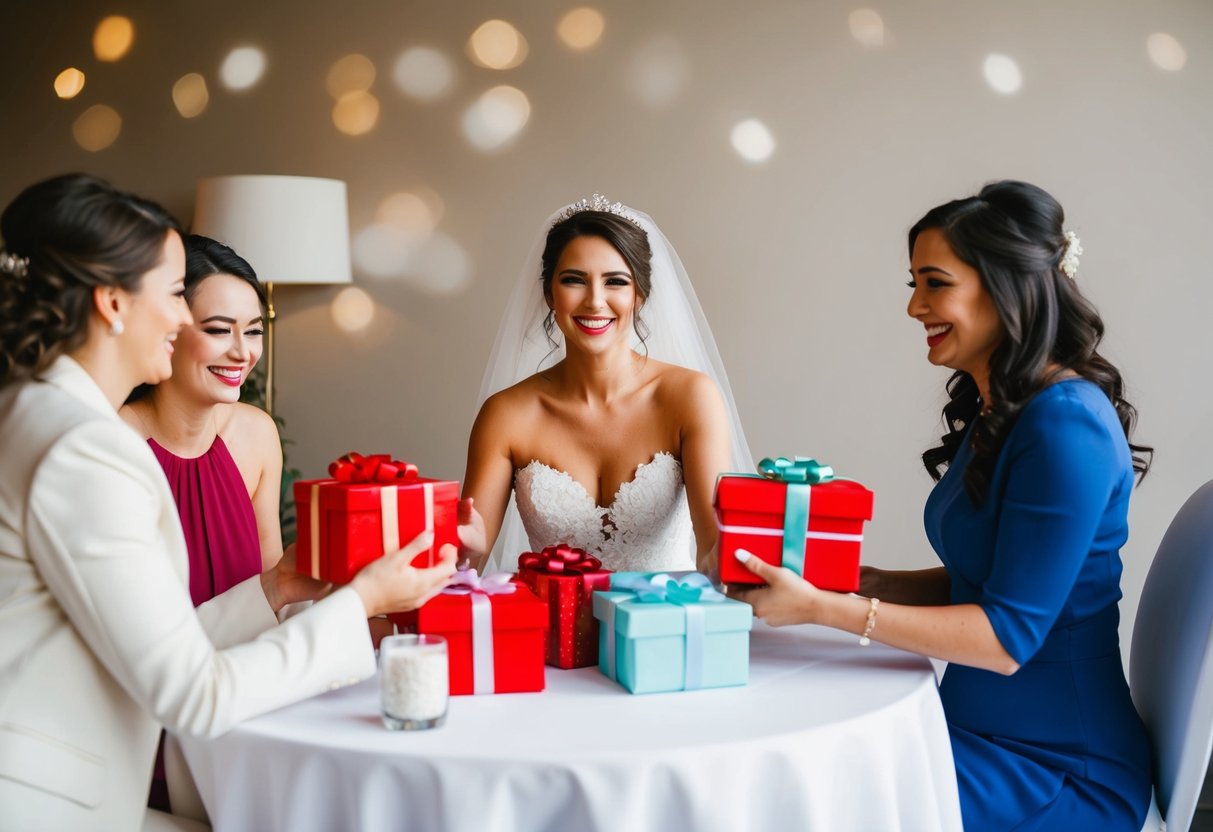 A bride sitting at a table with friends, opening gifts and smiling