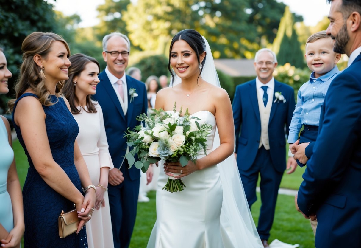 A woman in a white gown holds a bouquet, surrounded by friends and family, in a garden or church setting