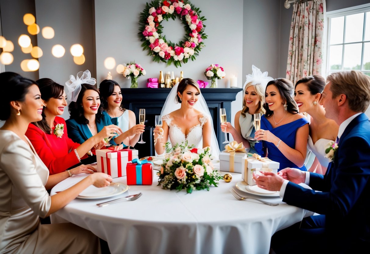 A bride sitting at a table surrounded by friends, opening gifts and sipping champagne. Decorations and flowers adorn the room