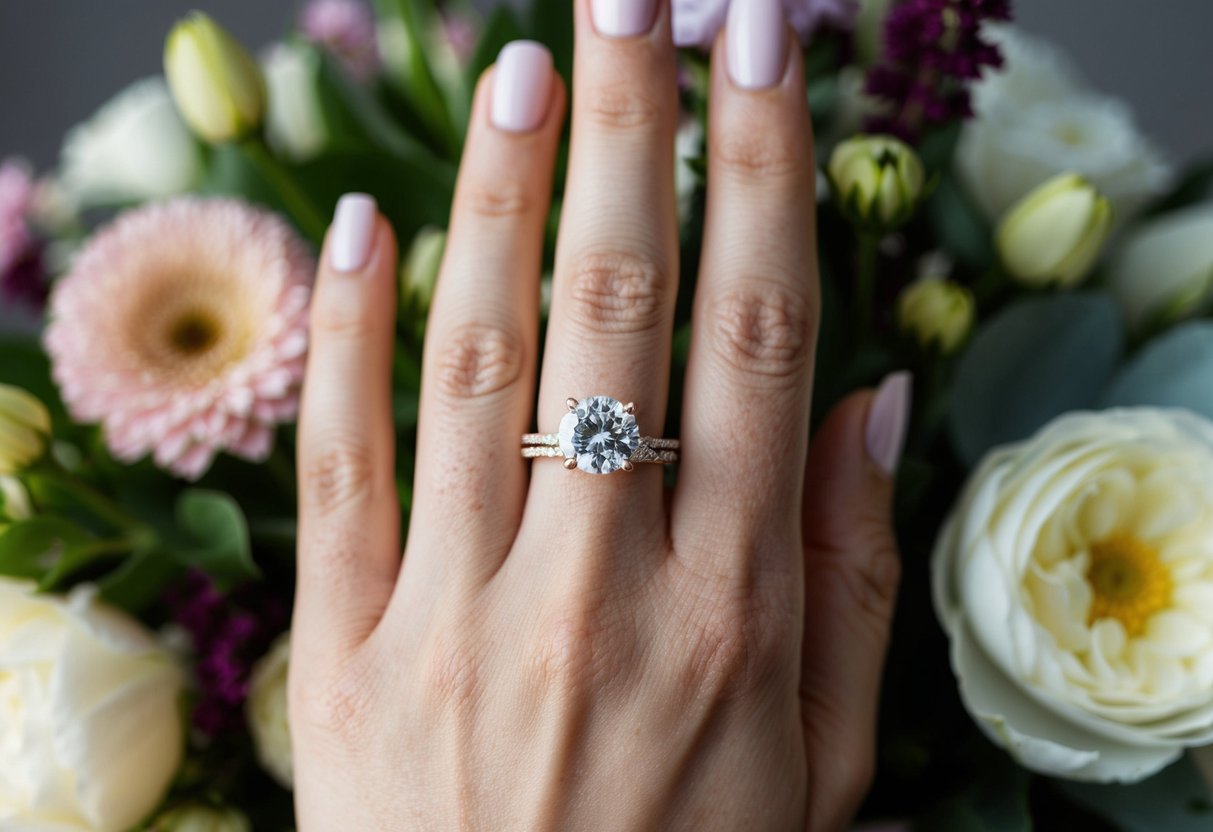 A woman's hand wearing an engagement ring, surrounded by flowers and wedding decor