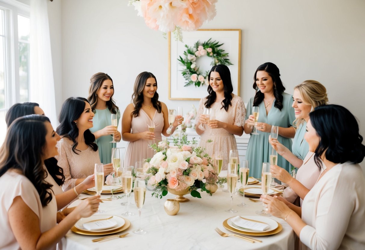 A group of women gather around a beautifully decorated table, adorned with flowers, champagne glasses, and delicate pastel-colored decorations for a bridal shower celebration