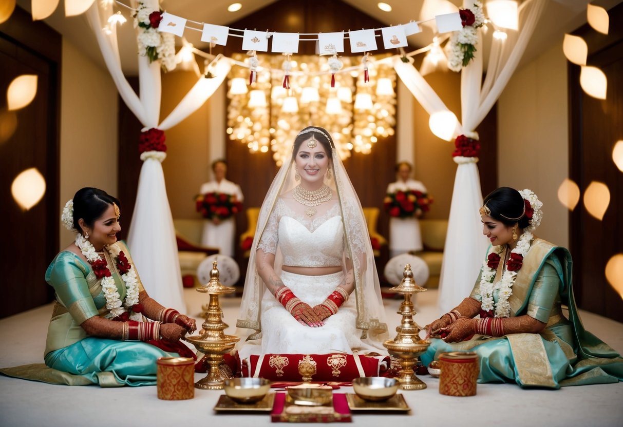 A bride-to-be surrounded by symbolic wedding traditions and preparations