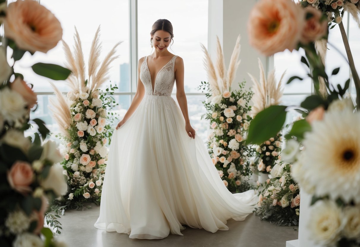 A woman in a flowing white dress surrounded by flowers and wedding decorations
