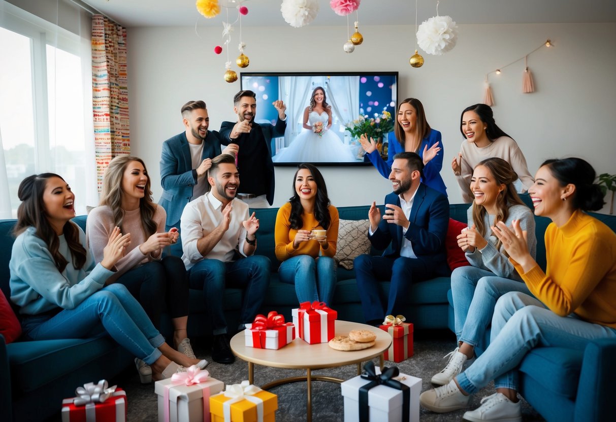 A group of friends are gathered in a virtual space, with decorations, gifts, and a screen displaying the bride-to-be. Laughter and excitement fill the air