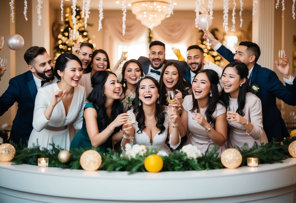 A group of friends gather on a virtual platform, surrounded by elegant decorations and a festive atmosphere, celebrating a bride-to-be with laughter and joy