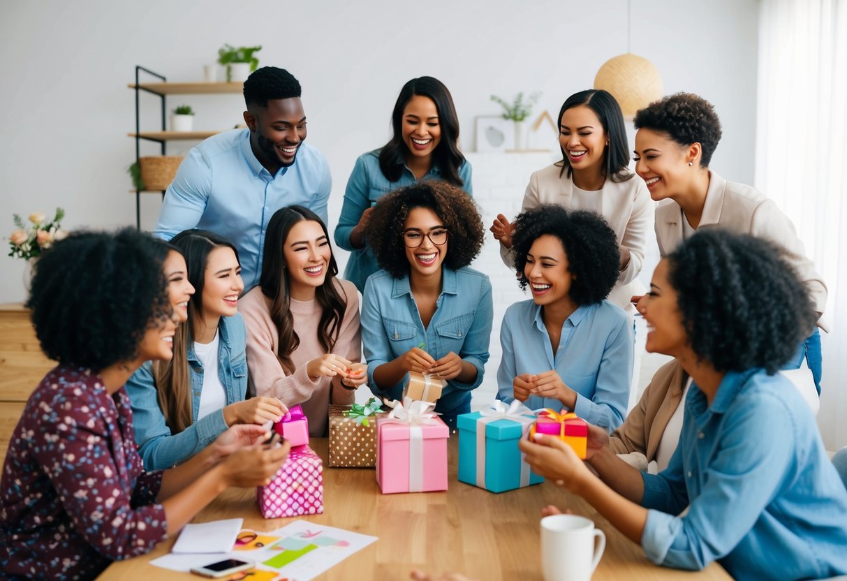 A group of friends gather virtually for a bridal shower, laughing and chatting while playing games and opening gifts on a video conferencing platform