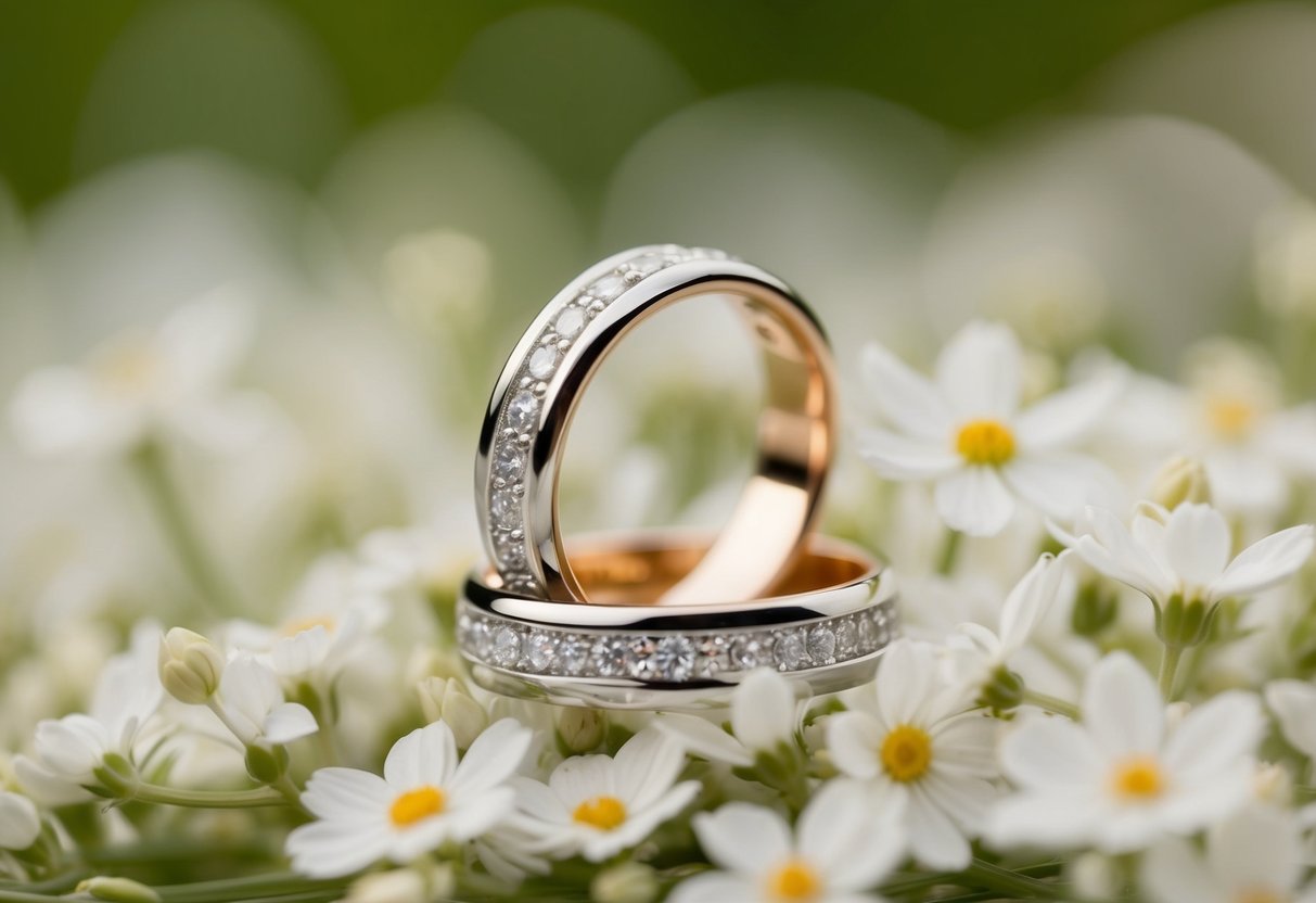 A pair of entwined wedding rings resting on a bed of delicate white flowers