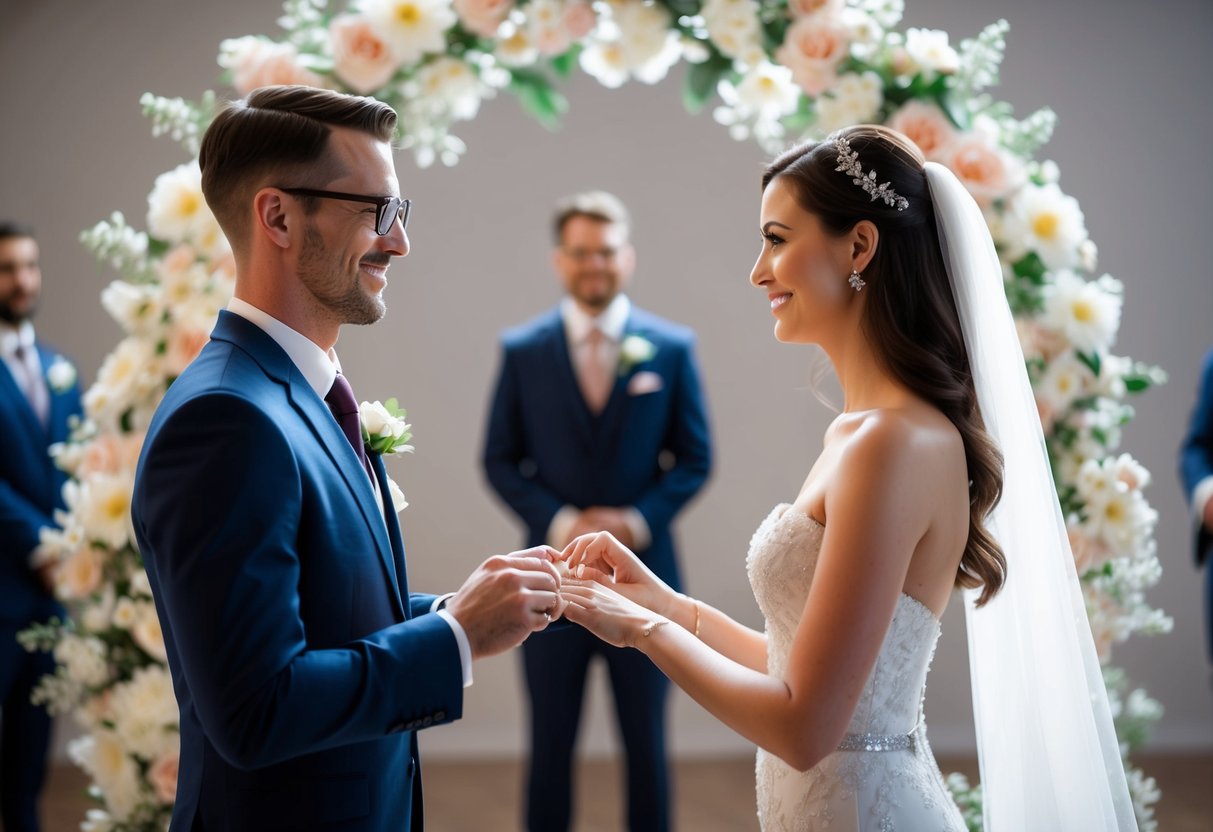 A man and woman standing side by side, exchanging wedding rings in a virtual reality setting, surrounded by digital flowers and a simulated wedding arch