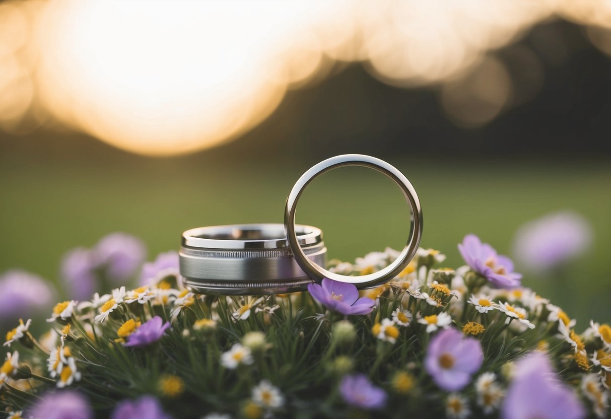 A pair of interlocking wedding rings resting on a bed of flowers, symbolizing the union of a recently married couple