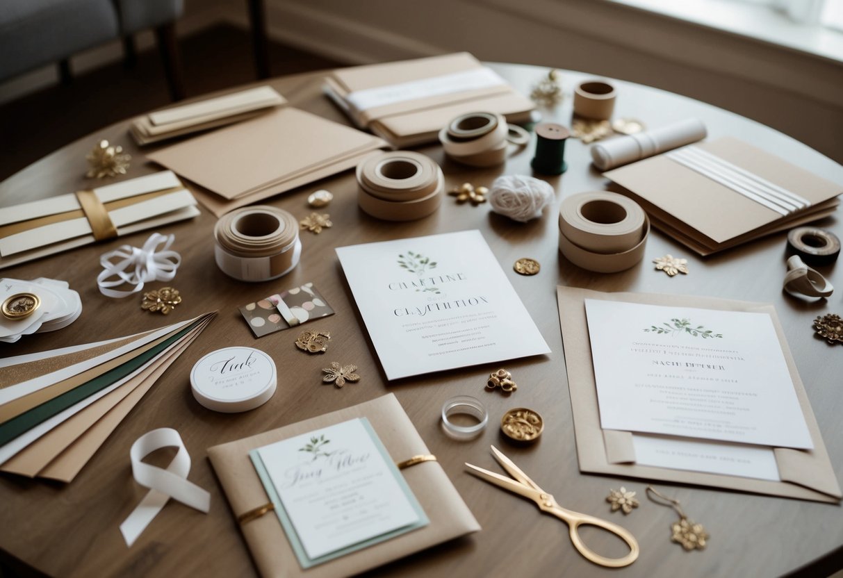 A table with various crafting supplies spread out, including paper, ribbons, and decorative elements. A completed wedding invitation sits next to the supplies