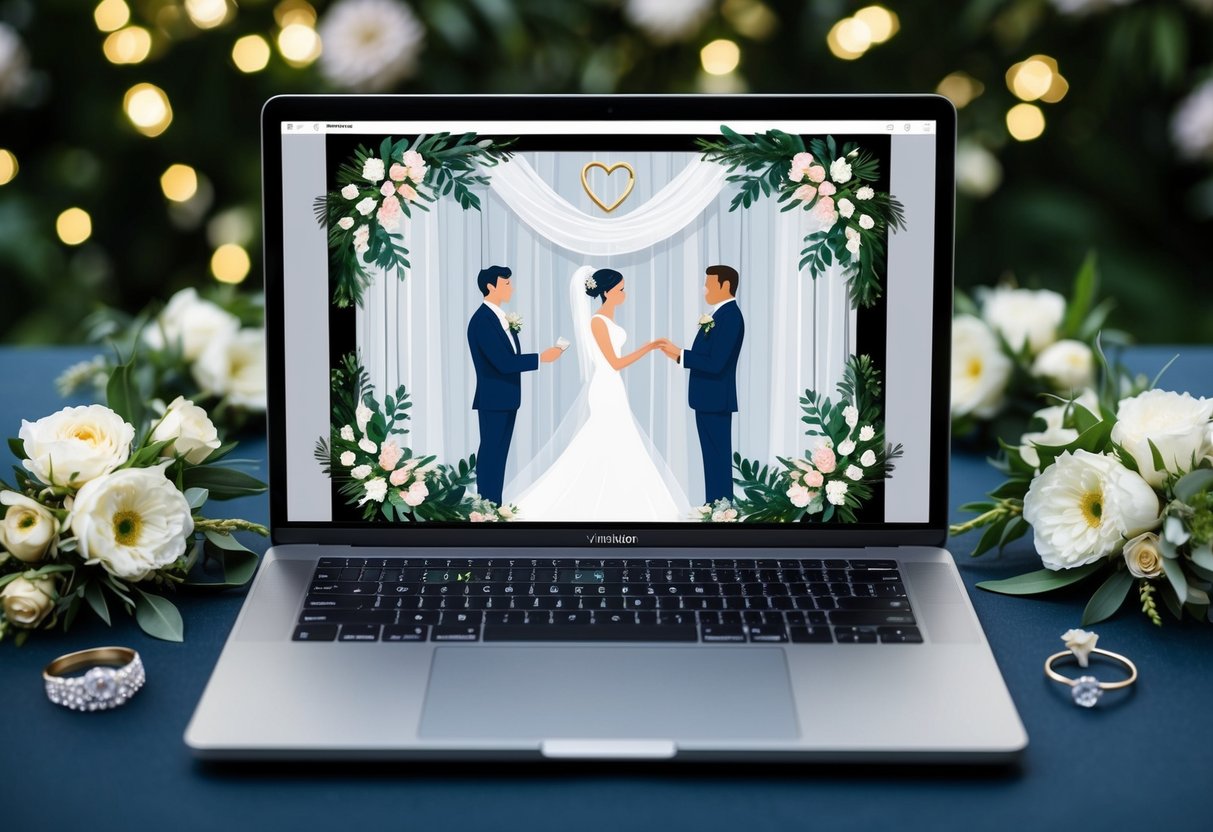A laptop with a virtual wedding ceremony on screen, surrounded by floral decorations and a wedding ring