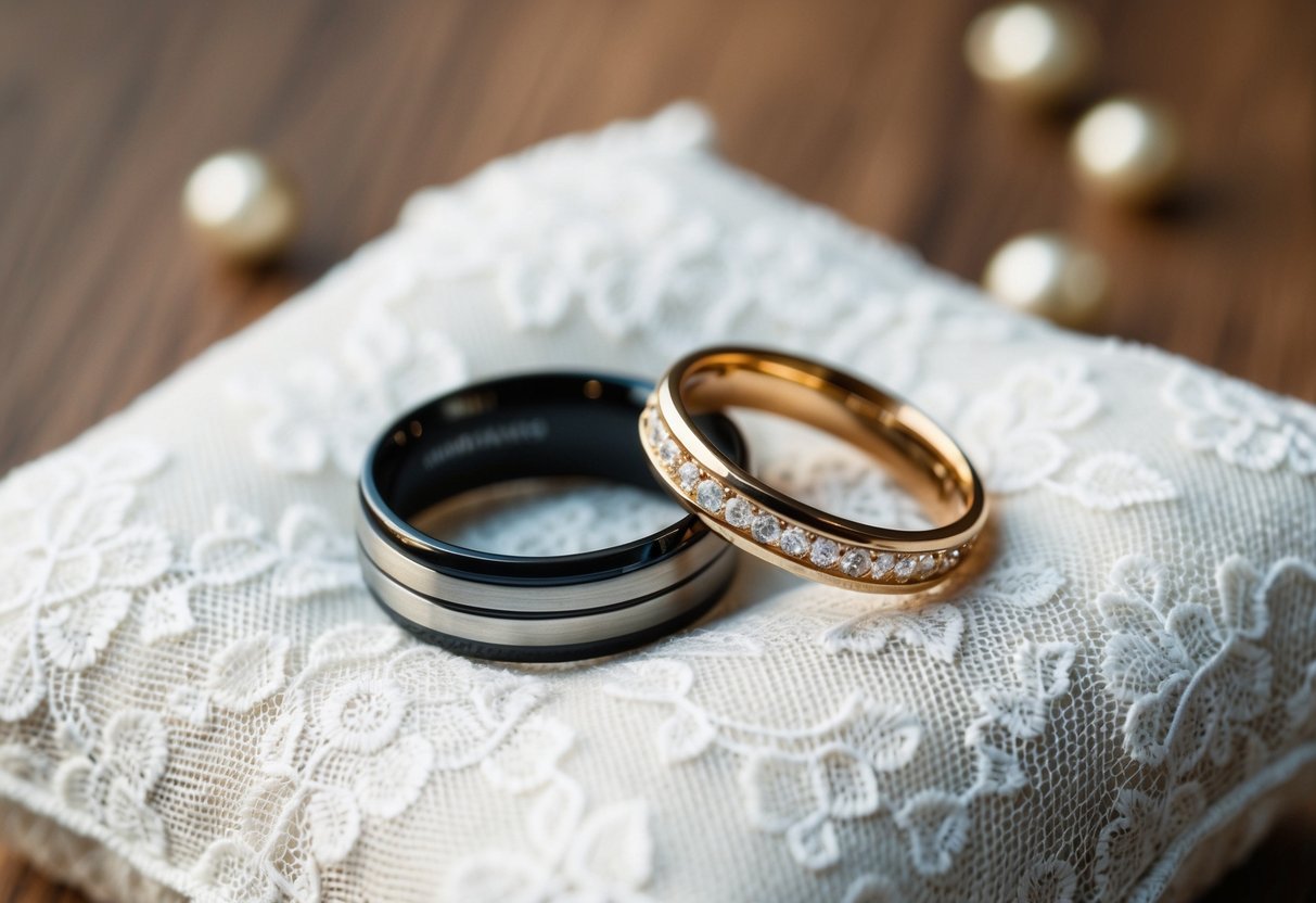 A couple's intertwined wedding rings resting on a white lace pillow