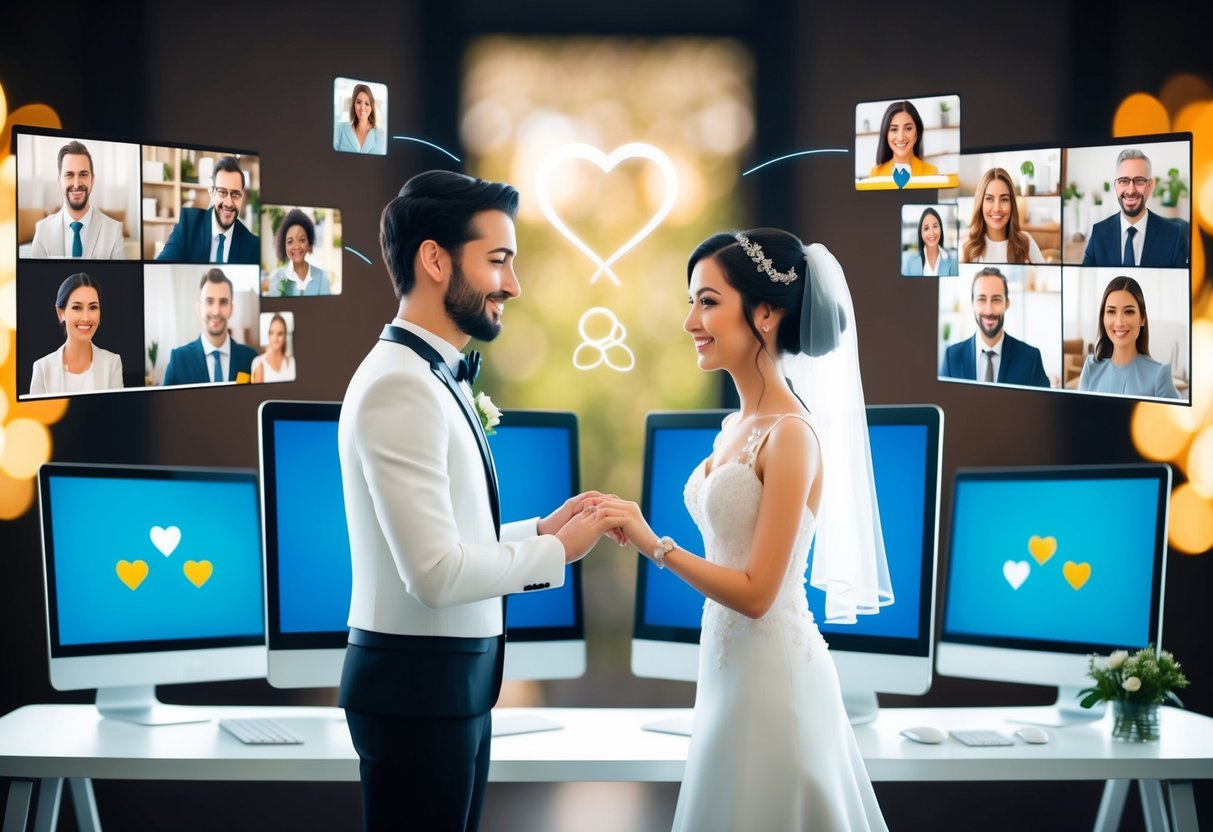 A bride and groom stand in front of computer screens, surrounded by virtual guests on a video call. The couple exchanges vows and rings, symbolizing their virtual marriage