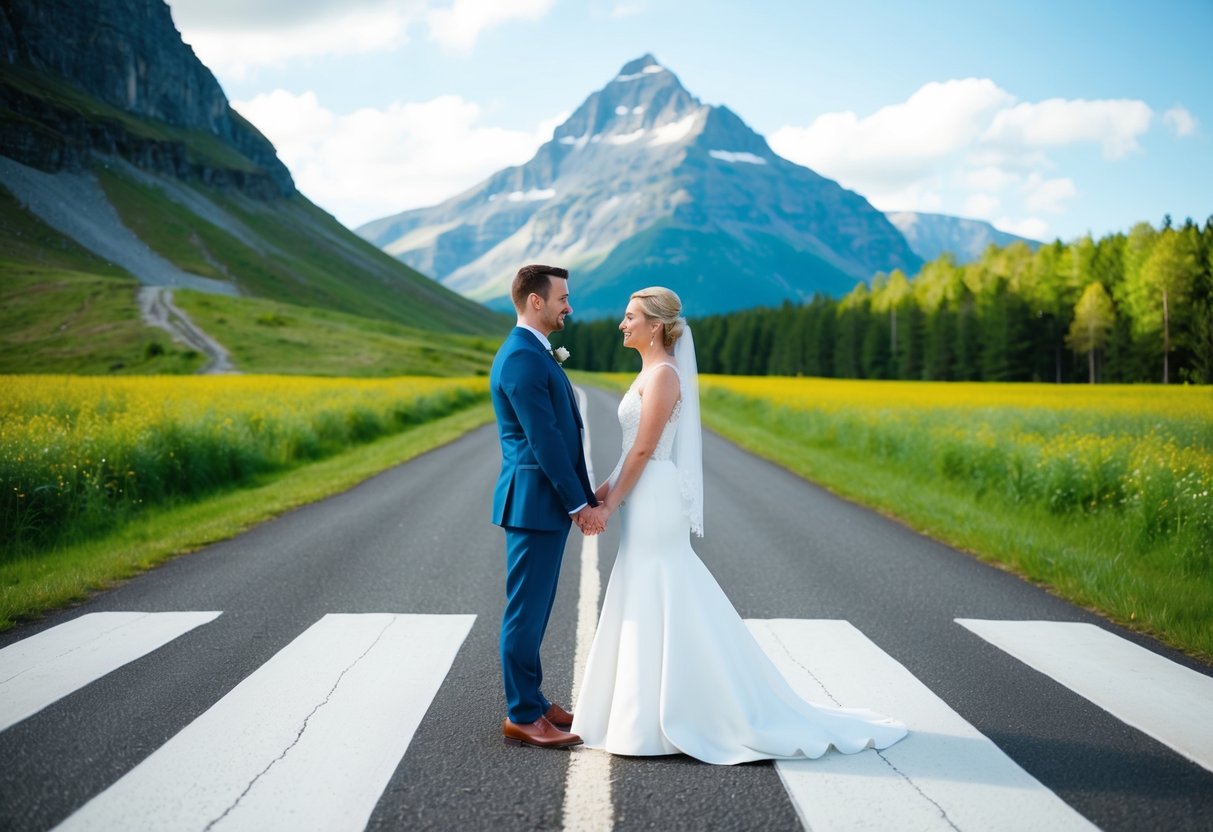 A newlywed couple standing at a crossroads, with one path leading to a challenging mountain and the other to a lush, sunny meadow
