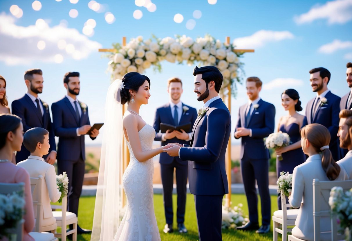A virtual wedding ceremony with digital avatars exchanging vows in a picturesque virtual setting, surrounded by friends and family avatars