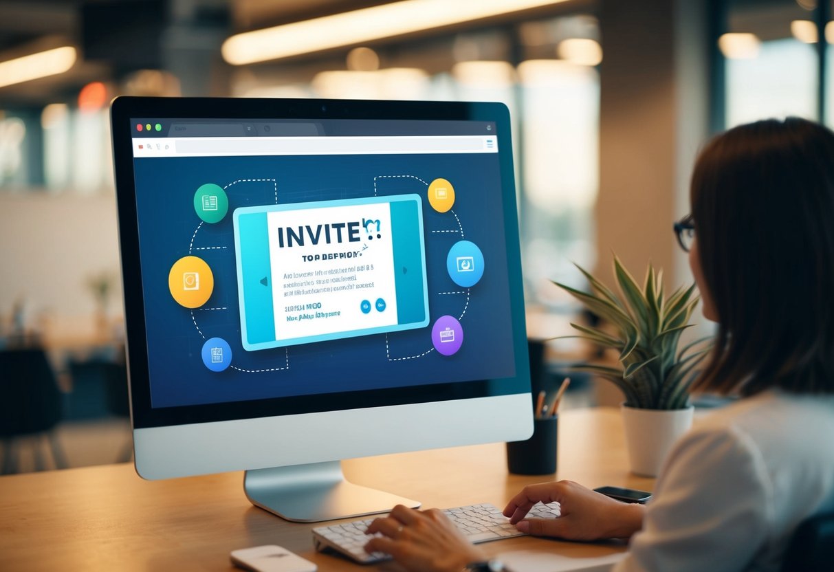 A digital invite displayed on a computer screen with a stylized design and colorful graphics