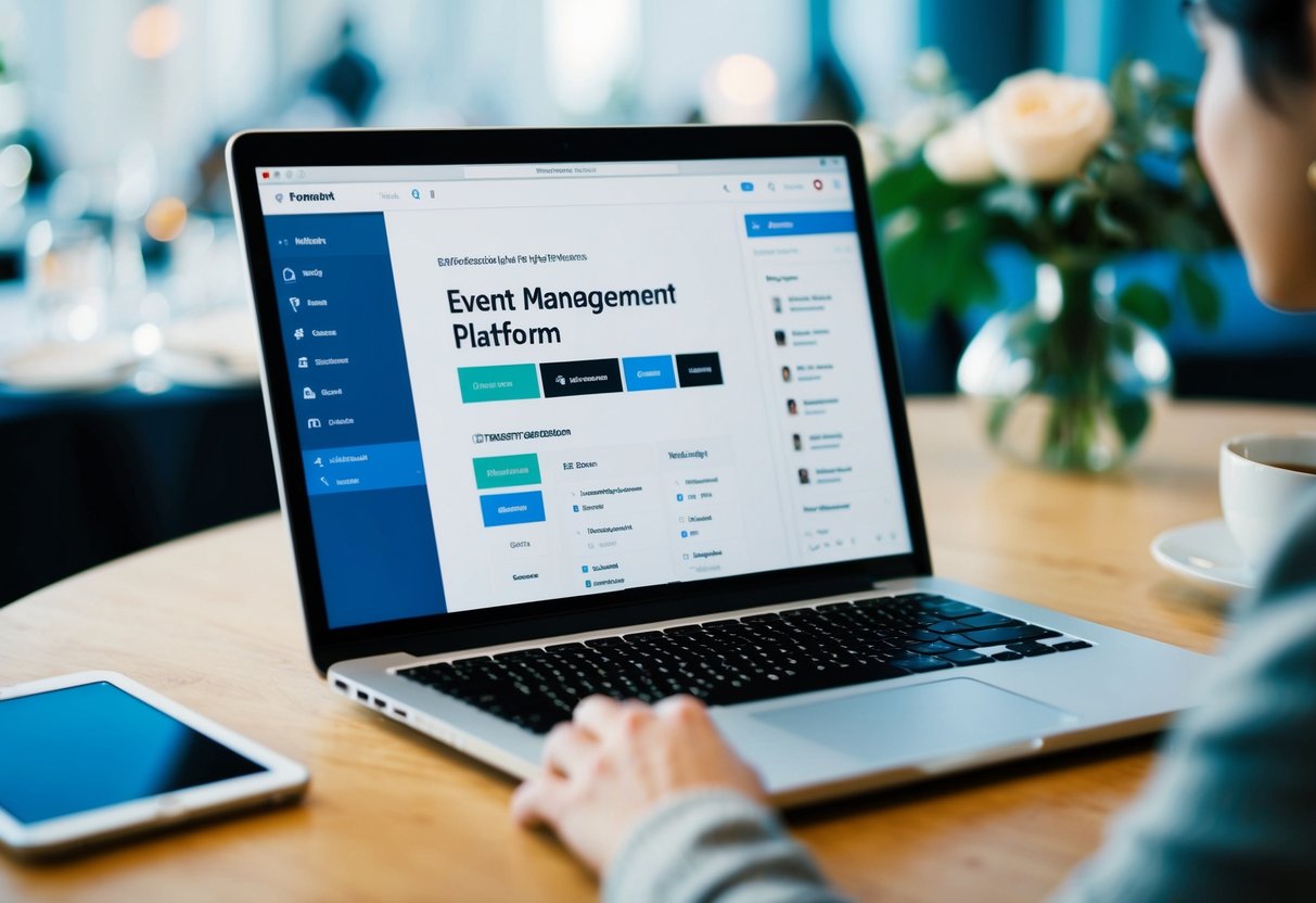 A laptop open to an online event management platform, with a digital invitation template displayed on the screen. Various RSVP options and guest list management tools are visible