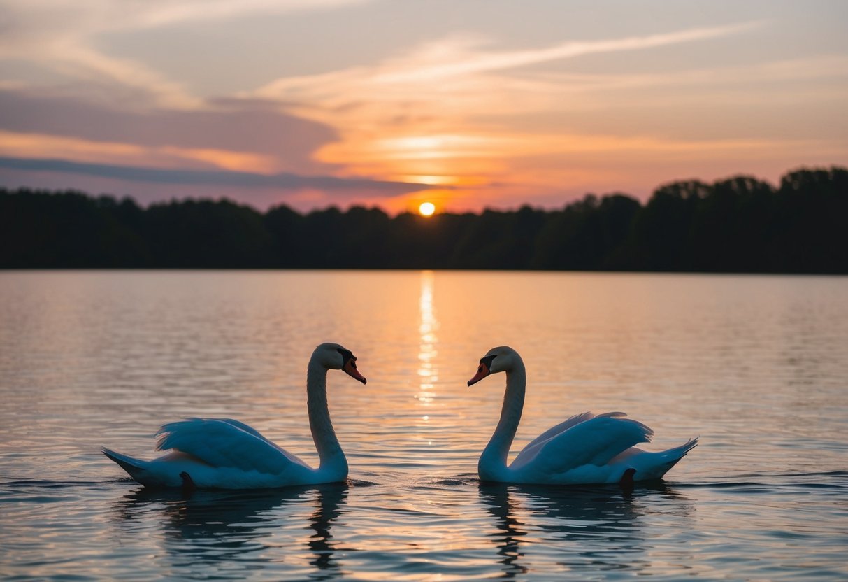 A serene sunset over a tranquil lake, with two swans gracefully gliding across the water, creating a picturesque setting for a wedding announcement