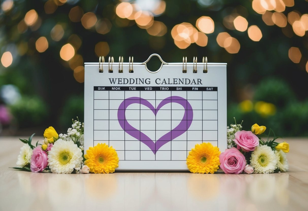A calendar with a circle around the date of the wedding, surrounded by flowers and a heart-shaped countdown