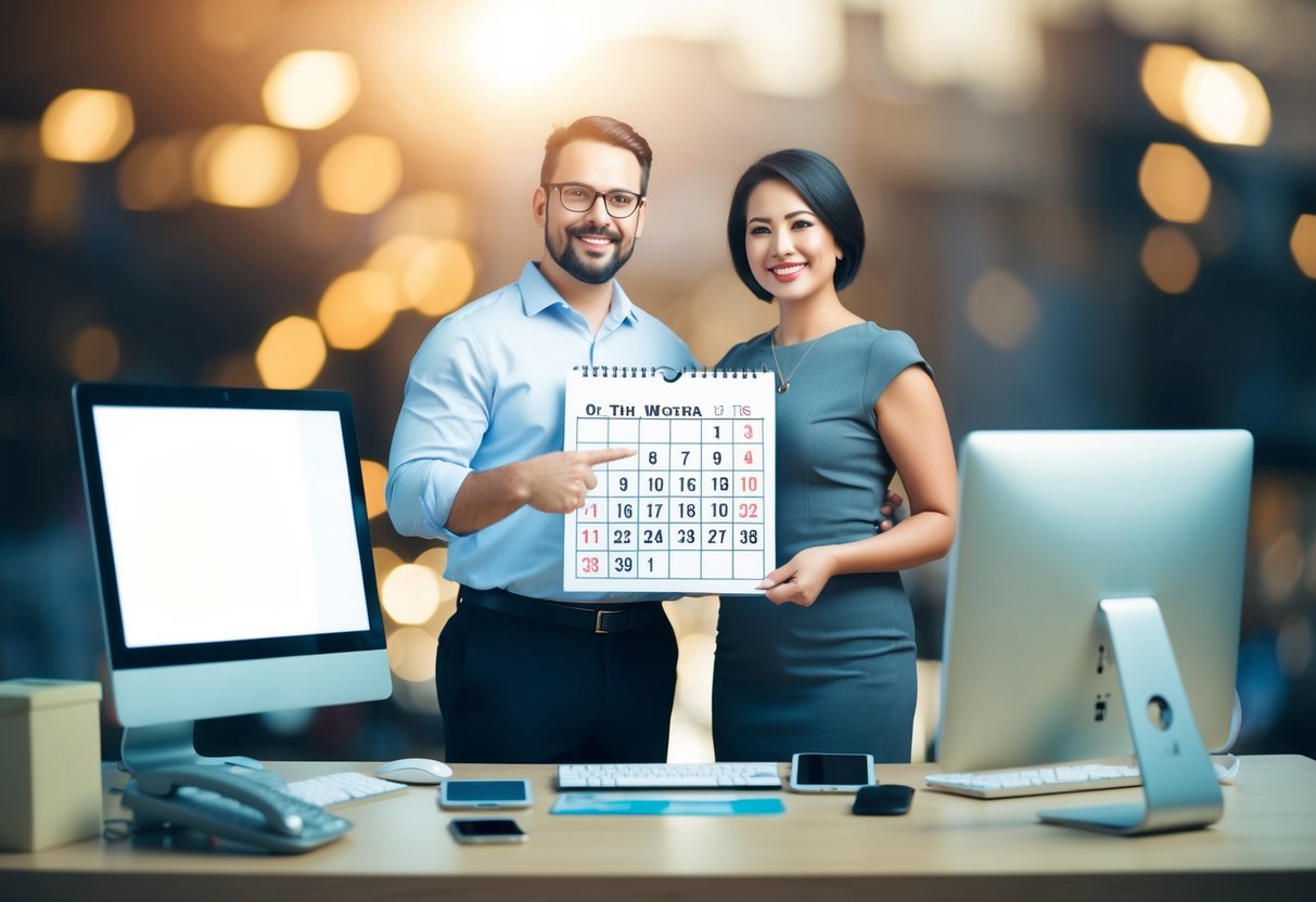 A couple stands in front of a calendar, pointing to a date. Various communication devices surround them, including a phone, computer, and mailbox