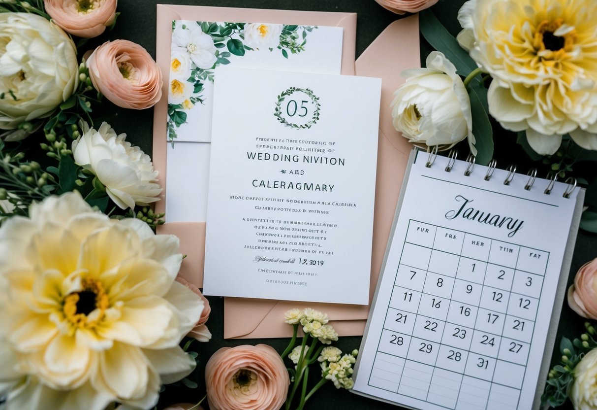 A wedding invitation surrounded by floral arrangements and a calendar marked with the wedding date