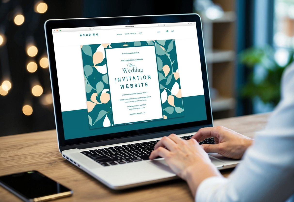 A laptop open to a wedding invitation website, with a stylized digital invitation displayed on the screen