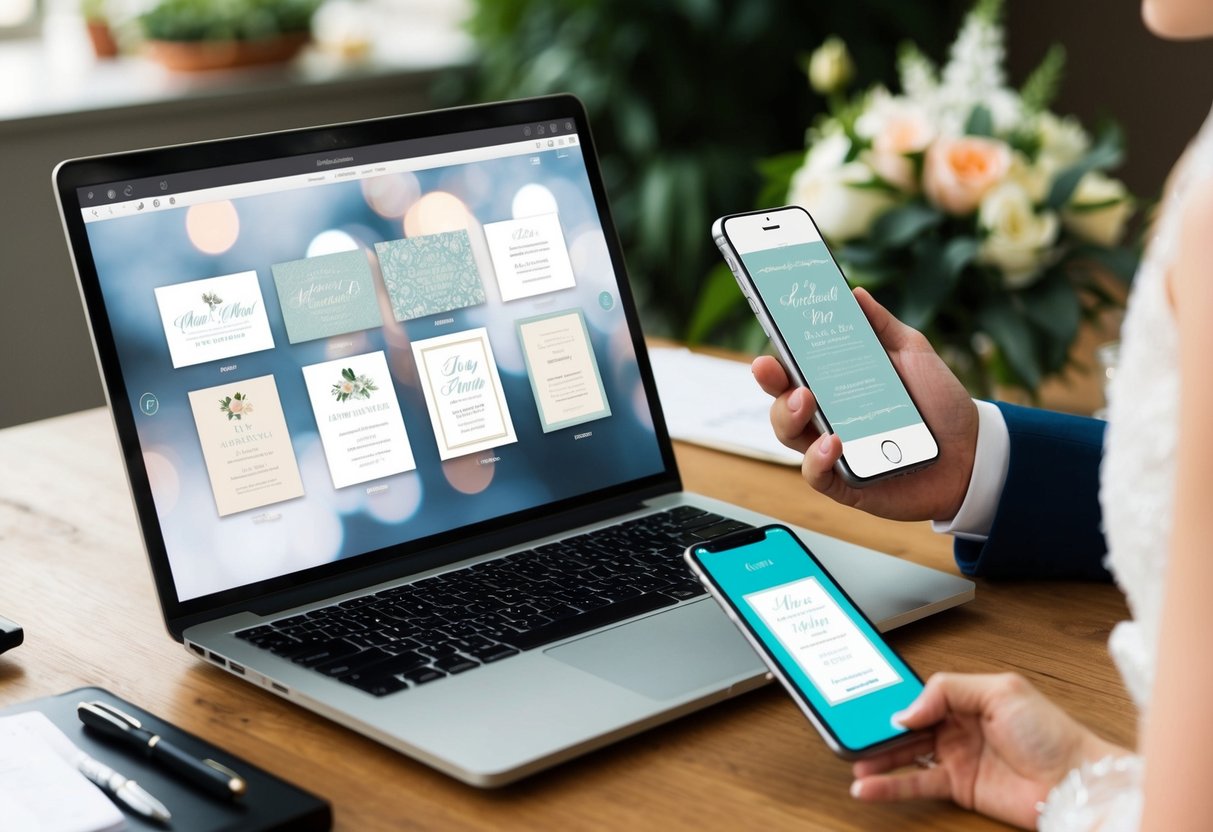 A laptop and smartphone display various wedding invitation designs. A bride and groom discuss options