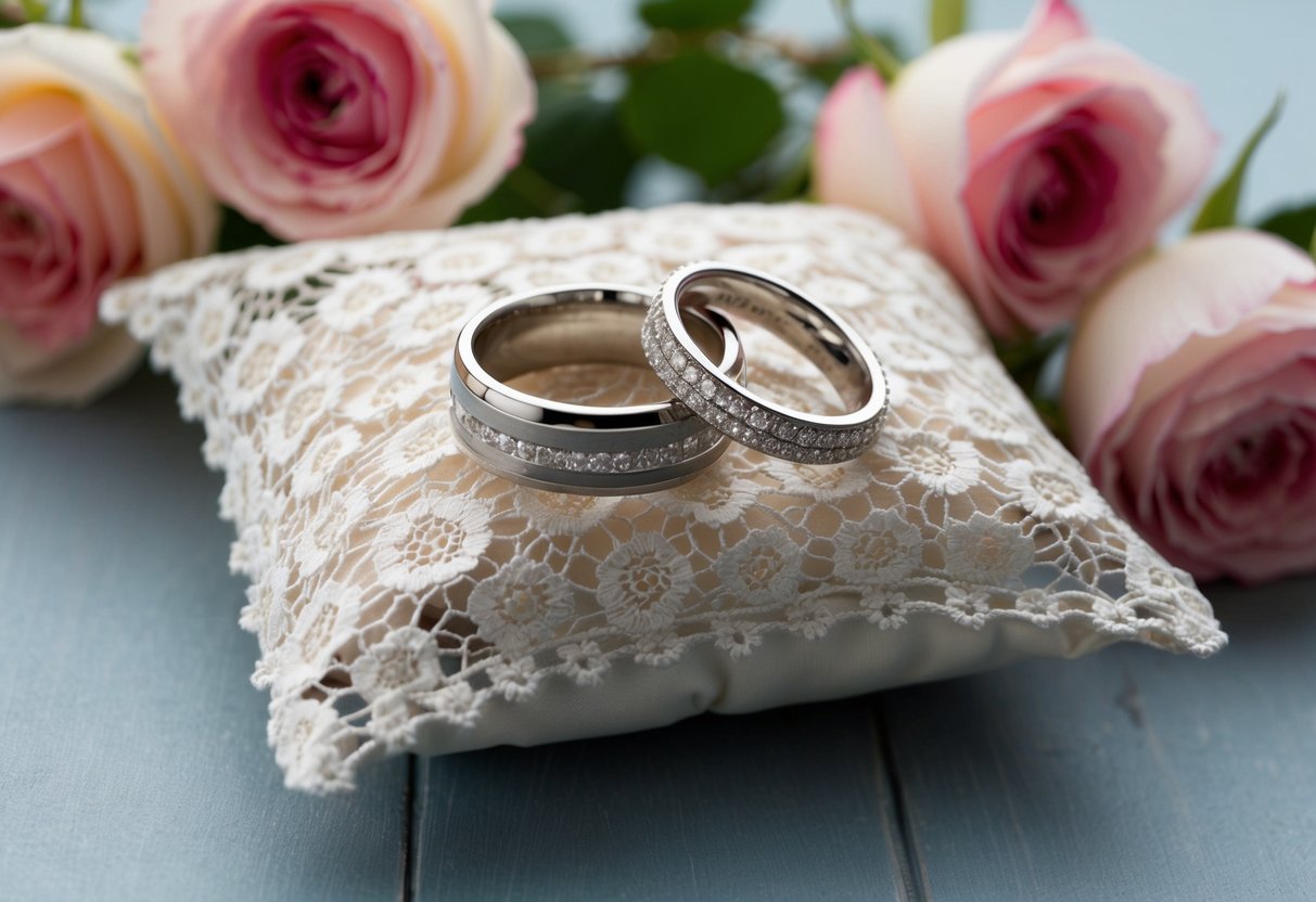 A pair of entwined rings on a delicate lace pillow surrounded by blooming roses