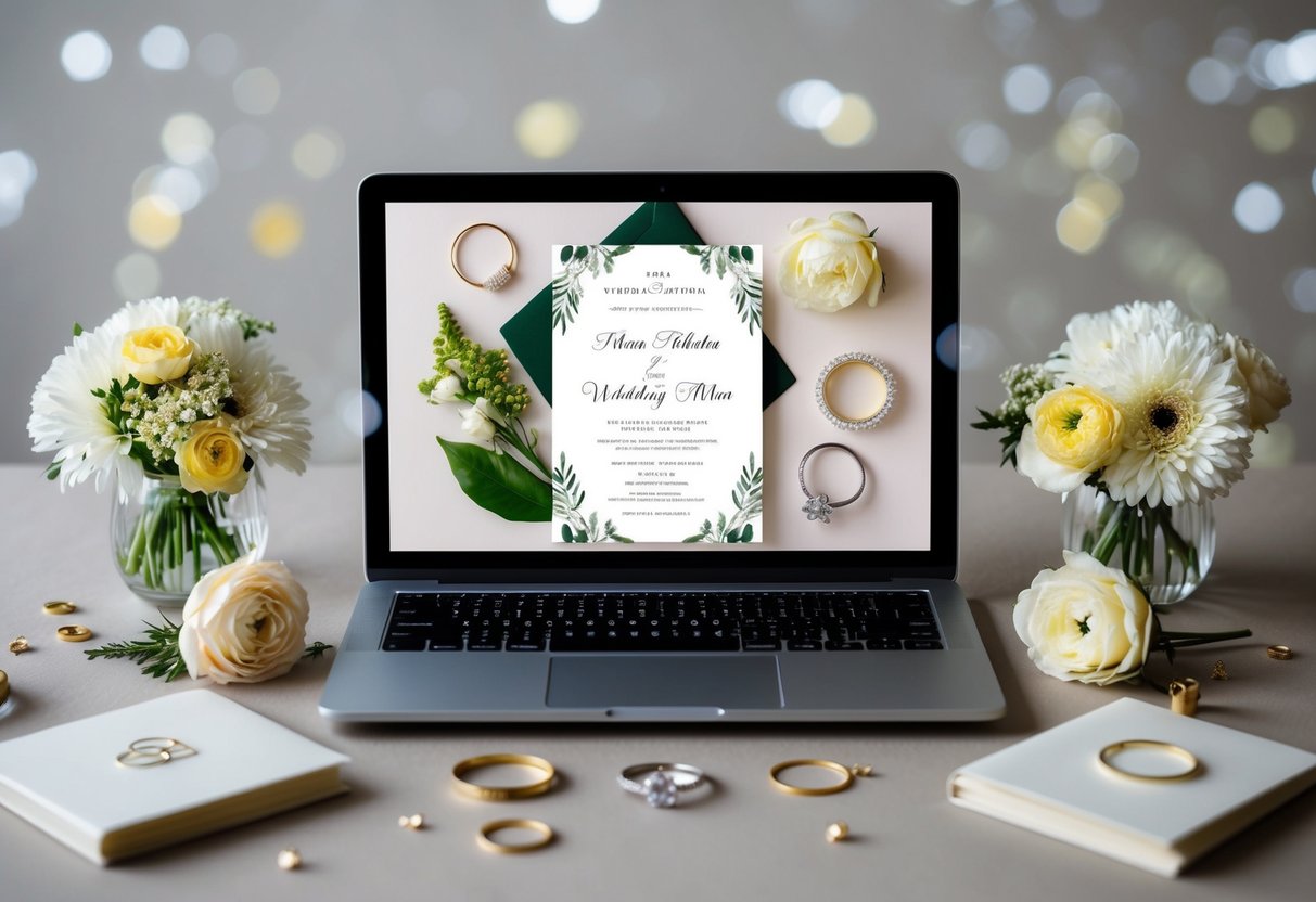A laptop displaying a wedding invitation on a virtual platform, surrounded by decorative elements like flowers and wedding rings