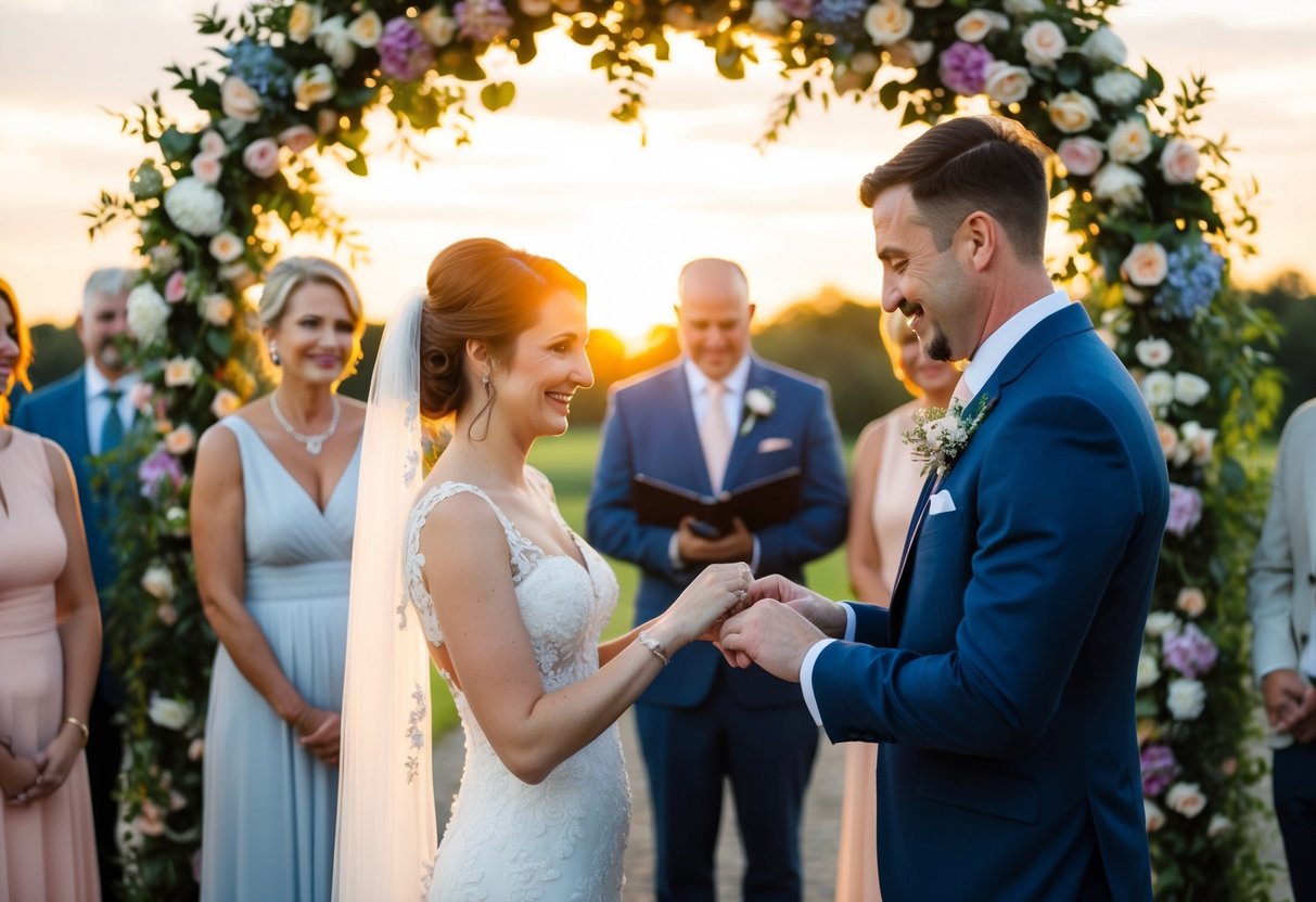 A bride and groom exchange rings under a floral archway, surrounded by family and friends. The sun sets in the background, casting a warm glow over the scene
