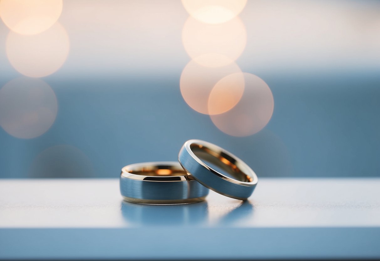 A pair of interlocking wedding rings resting on a sleek, minimalist surface, symbolizing the union of two individuals in a modern marriage