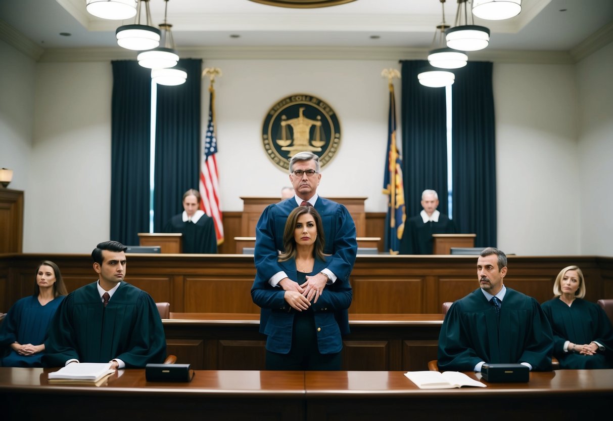 A courtroom with a judge presiding over a trial, with a couple standing at the center, looking nervous and guilty