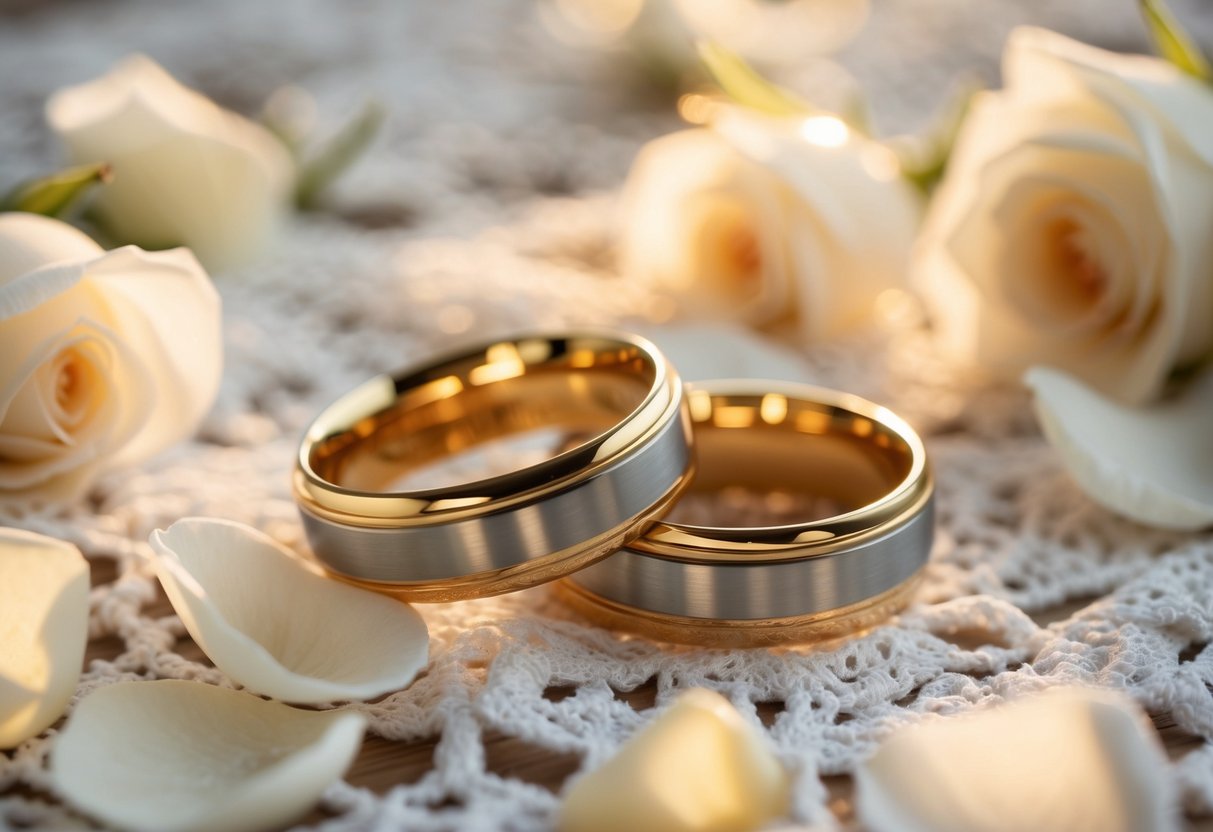 A pair of entwined gold wedding bands resting on a bed of delicate white lace, surrounded by soft rose petals and illuminated by warm sunlight