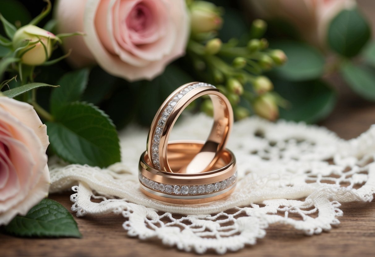 A pair of interlocking wedding rings resting on a bed of delicate lace, surrounded by blooming roses and lush greenery
