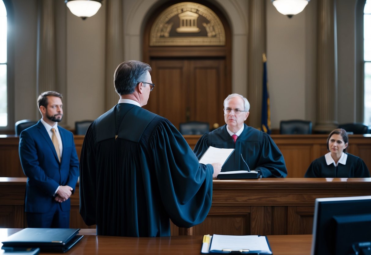 A courthouse with a judge presiding over a trial for a fake marriage case, with a defendant and lawyers present