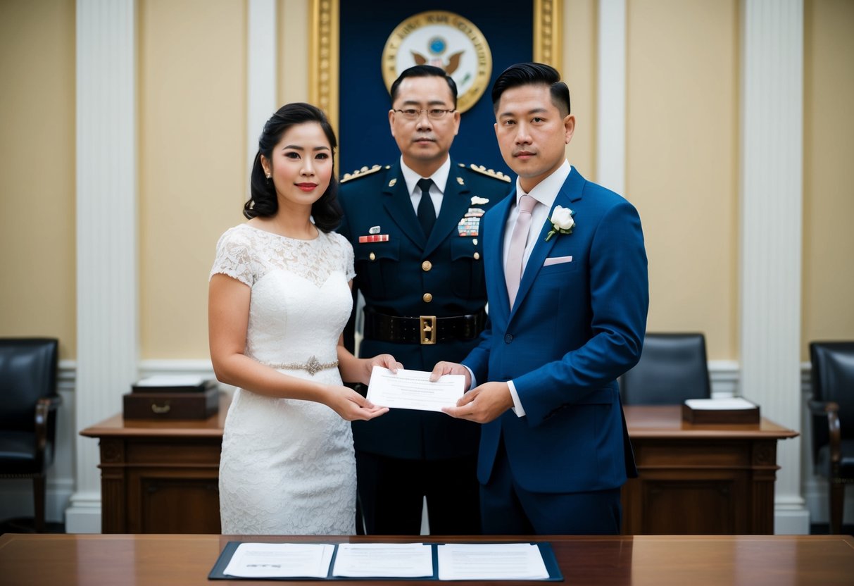 A couple standing in front of a stern-faced official at a government office, with documents and a marriage certificate on the desk