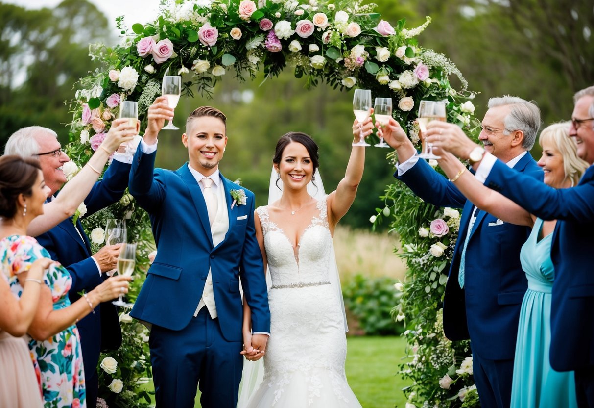 A bride and groom standing beneath a floral arch, surrounded by friends and family raising their glasses in celebration