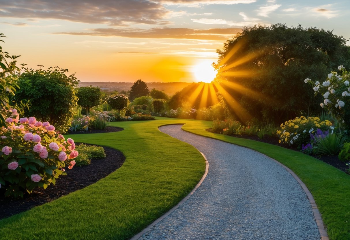 A winding path leading through a lush garden with blooming flowers and a radiant sunset in the background